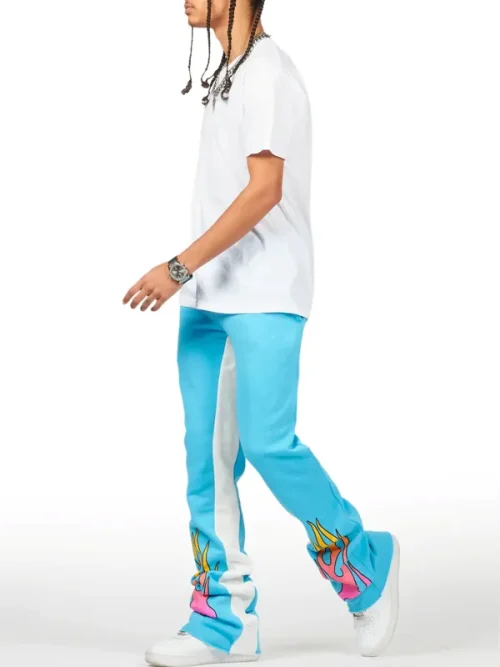 Custom Painted Sweatpants Sky Blue Flame Joggers - Image 3