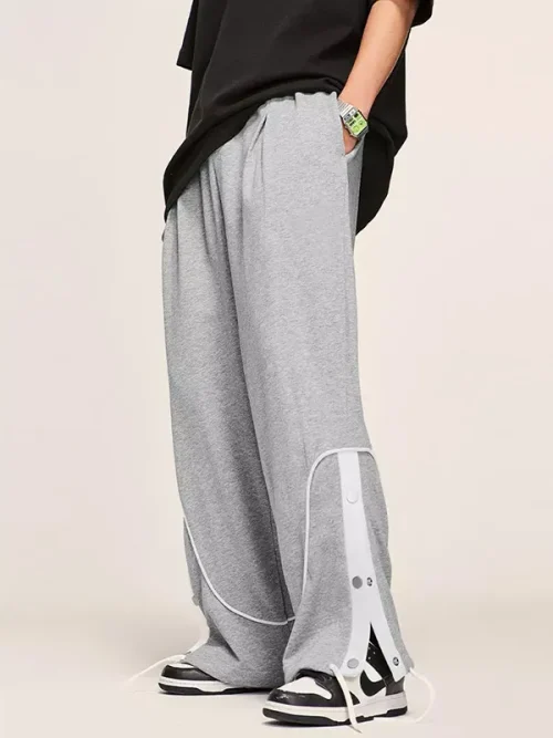 Customized Sweatpants Contrast Binding Grey Wide Leg Pants - Image 5