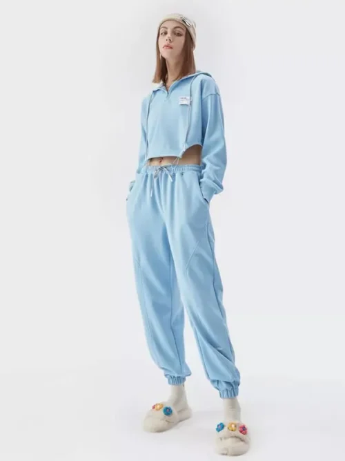 Custom crop top tracksuit Blue Side Slit Hoodie - Image 4