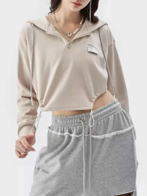 Women sweatshirt manufacturers cropped half-zip drawstring hoodie