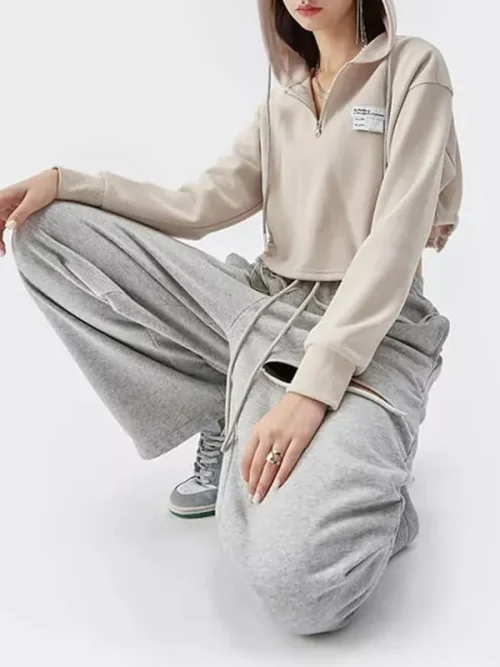 Women sweatshirt manufacturers cropped half-zip drawstring hoodie - Image 3