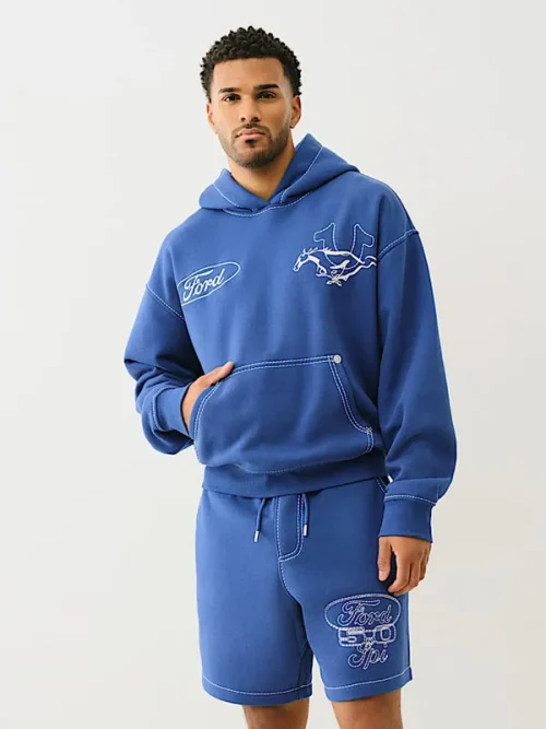 Custom mens sweatsuit embroidered pony Logo blue hoodie - Image 6