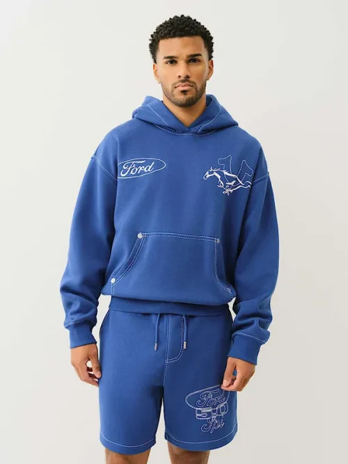 Custom mens sweatsuit embroidered pony Logo blue hoodie - Image 5