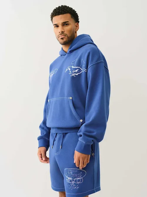 Custom mens sweatsuit embroidered pony Logo blue hoodie - Image 4