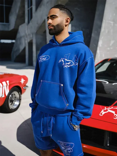 Custom mens sweatsuit embroidered pony Logo blue hoodie