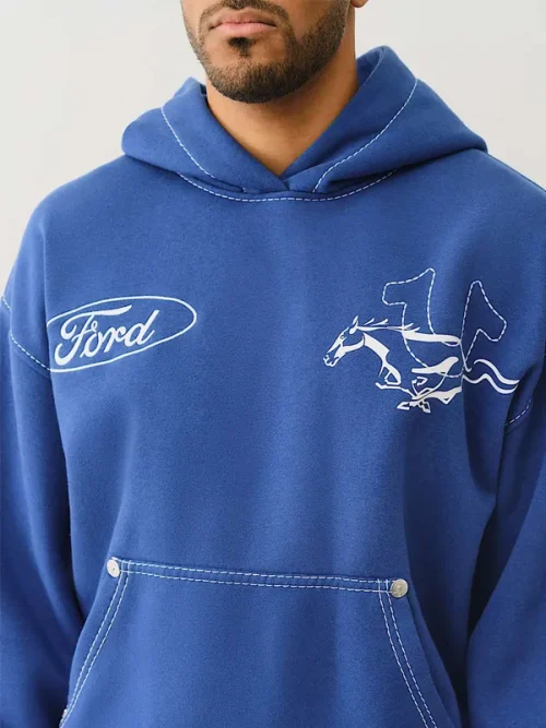 Custom mens sweatsuit embroidered pony Logo blue hoodie - Image 3