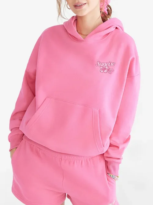 Custom 3D flowers embroidered pink sweatshirts large pocket design