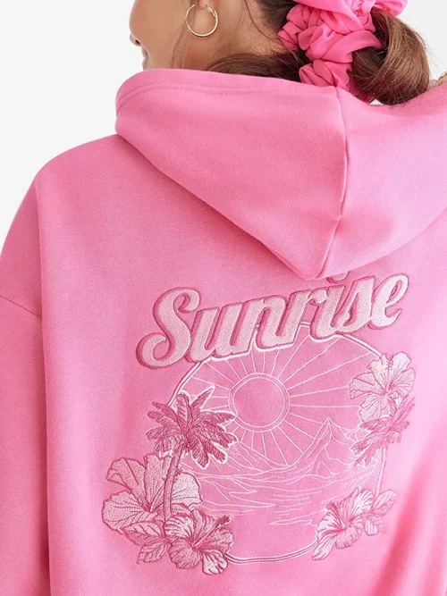Custom 3D flowers embroidered pink sweatshirts large pocket design - Image 4