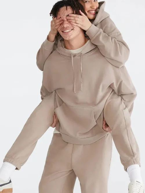 Alternative view of Custom couple sweatshirts light khakir slightly dropped shoulders hoodie