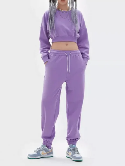 Custom Cotton Crop Sweatshirts Lavender Purple Waist Tracksuits