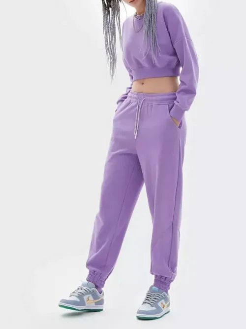 Alternative view of Custom Cotton Crop Sweatshirts Lavender Purple Waist Tracksuits
