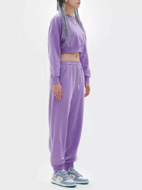 Custom Cotton Crop Sweatshirts Lavender Purple Waist Tracksuits - Image 3
