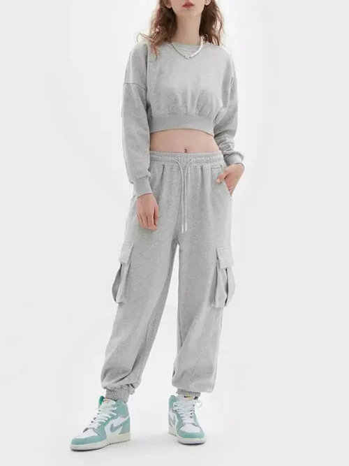 Custom Cotton Crop Sweatshirts Lavender Purple Waist Tracksuits - Image 4