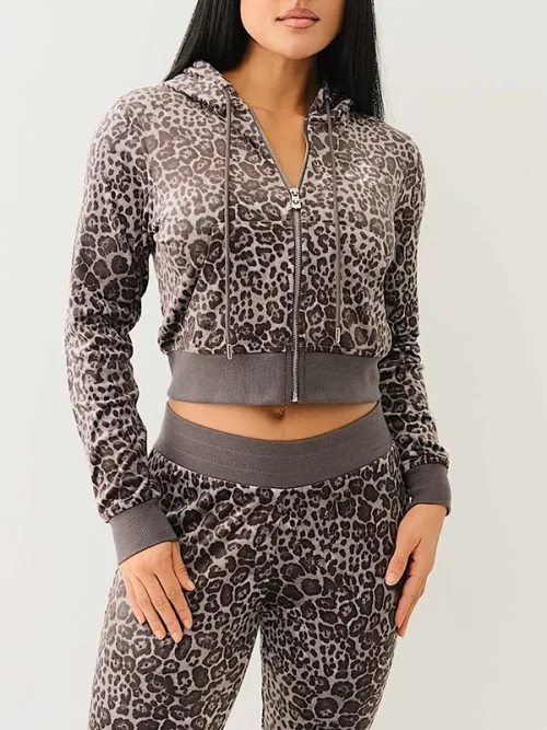 Custom rhinestone sweatshirts velour leopard  zip hoodie