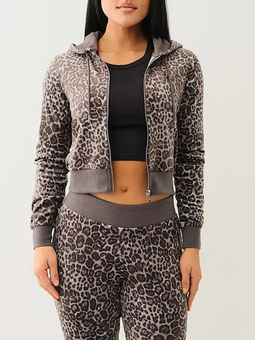 Alternative view of Custom rhinestone sweatshirts velour leopard  zip hoodie