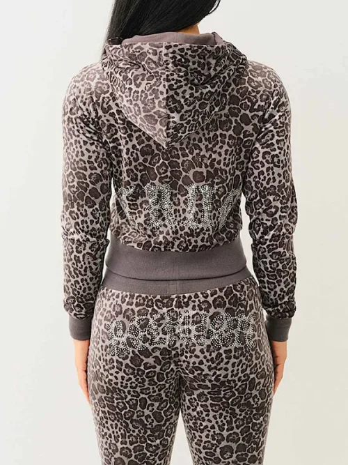 Custom rhinestone sweatshirts velour leopard zip hoodie - Image 3