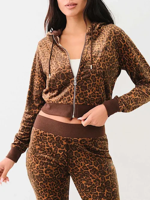 Custom rhinestone sweatshirts velour leopard zip hoodie - Image 5
