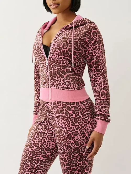 Custom rhinestone sweatshirts velour leopard zip hoodie - Image 4