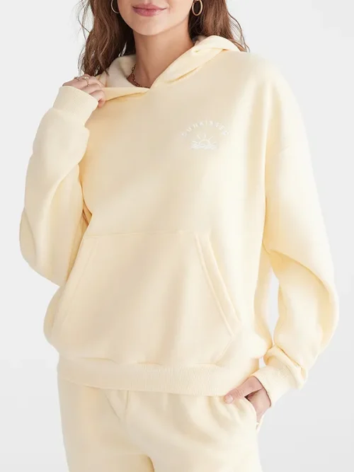 Custom Embroidered Hooded Sweatshirts Light Yellow Loose Pullover
