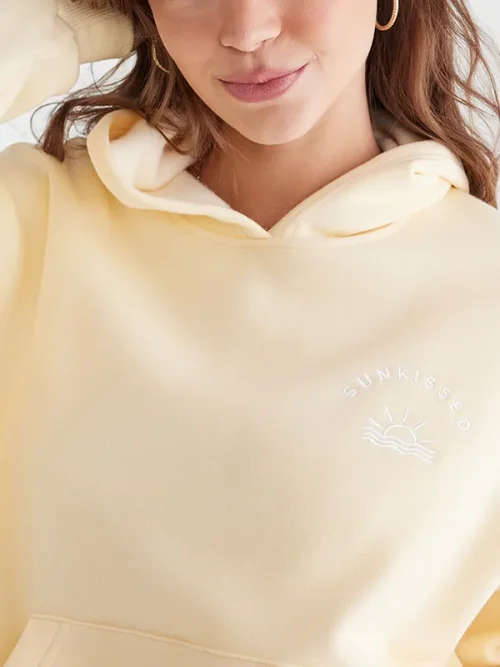 Custom Embroidered Hooded Sweatshirts Light Yellow Loose Pullover - Image 3