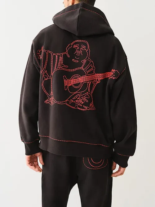 Best custom embroidered sweatshirts black background red Buddha music theme hoodie - Image 4