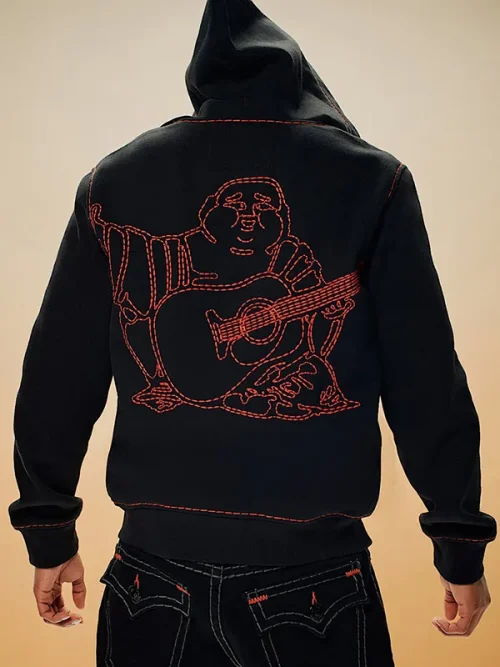 Best custom embroidered sweatshirts black background red Buddha music theme hoodie - Image 3
