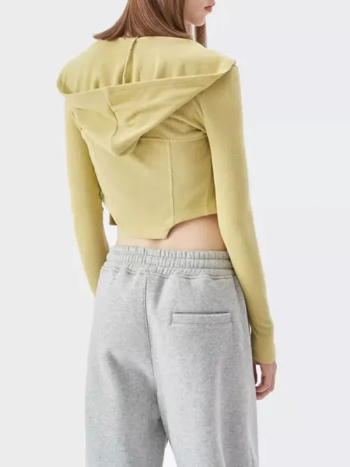 Best Custom Sweatshirts Mustard Yellow Cropped Hoodie with Asymmetrical Hem - Image 3