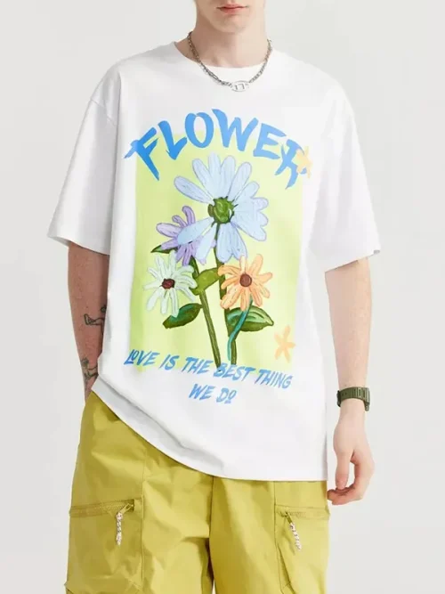 Custom printed Trendy floral themed cotton white short sleeved T shirt