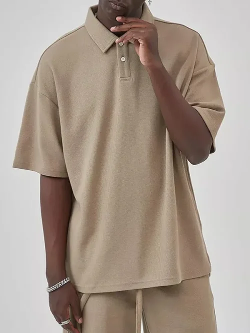 Customized ins style relaxed beige loose POLO T shirts - Image 4