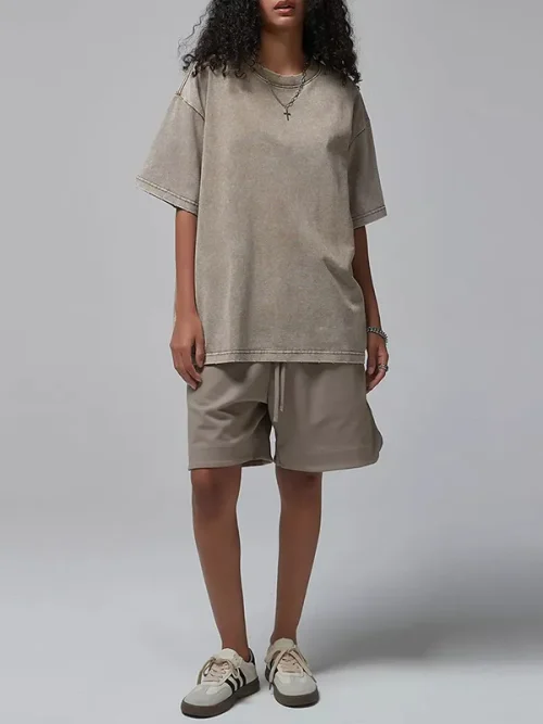 Custom khaki washed cotton and linen t shirt apparel - Image 4