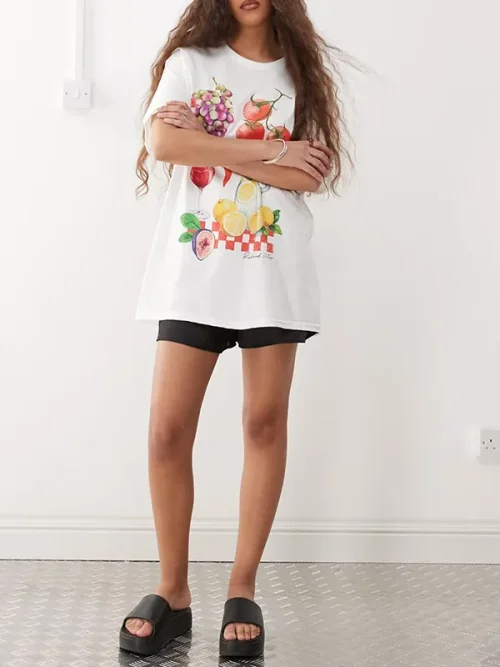 White T shirt custom fruit and vegetable print - Image 4