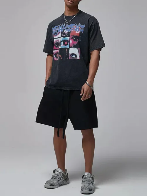 Vintage t shirts custom trendy brand patchwork print black - Image 4
