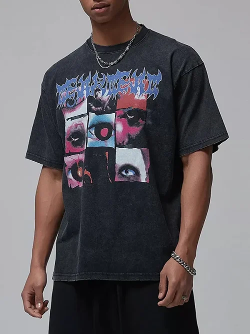 Vintage t shirts custom trendy brand patchwork print black