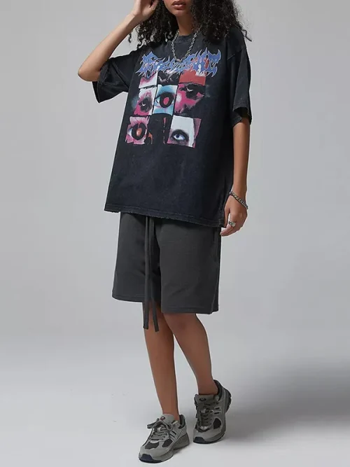Vintage t shirts custom trendy brand patchwork print black - Image 3