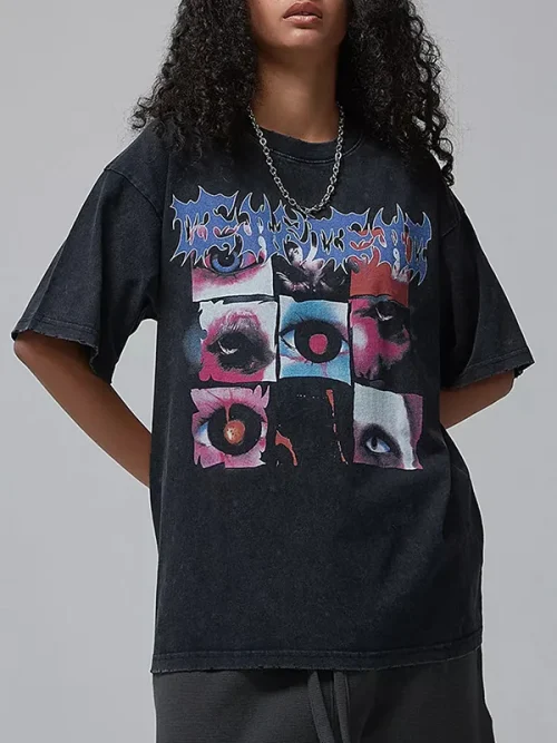 Vintage t shirts custom trendy brand patchwork print black - Image 6