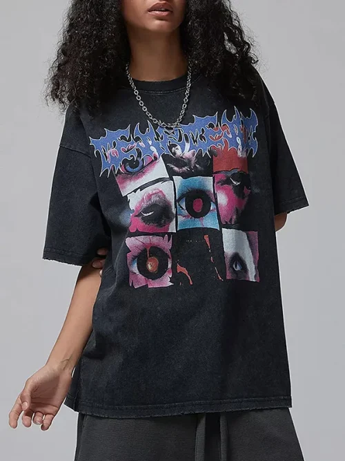 Vintage t shirts custom trendy brand patchwork print black - Image 5
