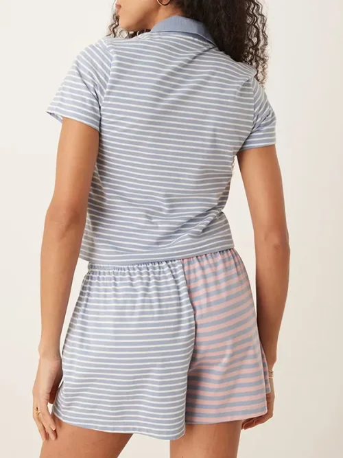 Polo t shirt customize light blue and white fine striped short-sleeved shirt - Image 3