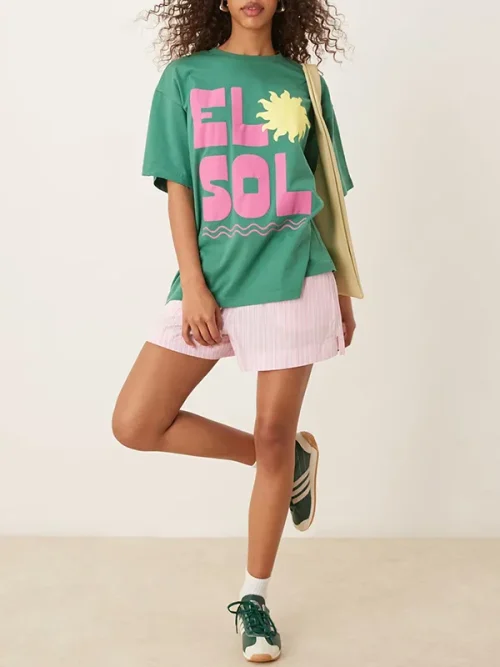 Emerald green contrast pink and yellow letter print t-shirt with custom printing - Image 4