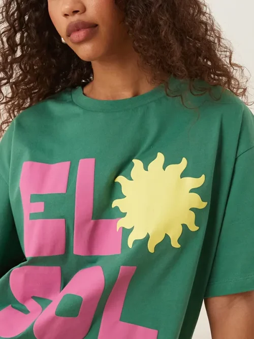 Emerald green contrast pink and yellow letter print t-shirt with custom printing - Image 3
