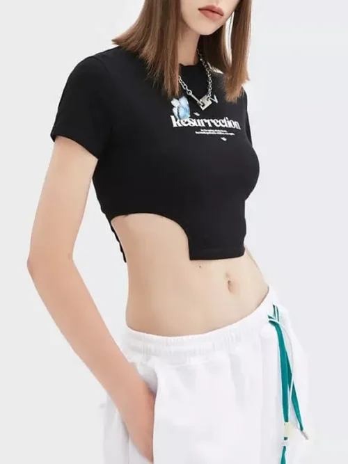 Custom high slit navel-baring short sleeves printed tee shirts