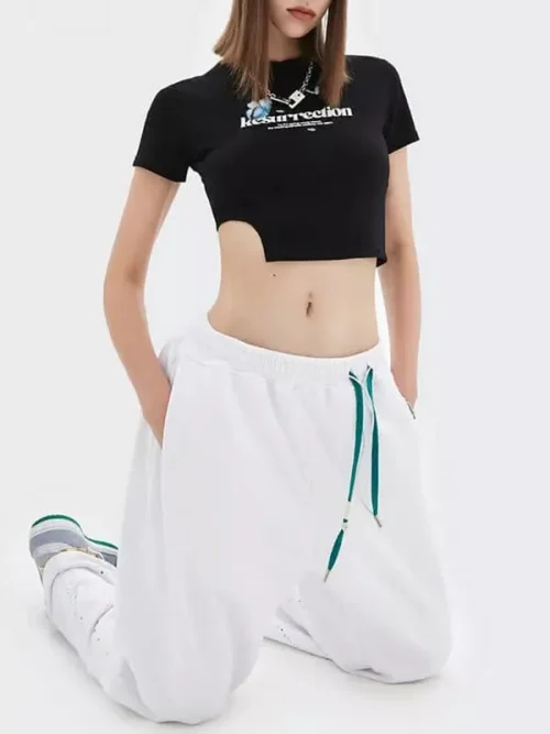Alternative view of Custom high slit navel-baring short sleeves printed tee shirts