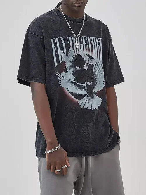 Custom three-dimensional printed black and gray vintage washed tee shirts