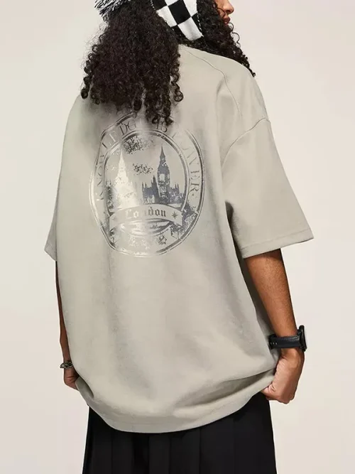 Alternative view of Custom graphic drop shoulder sleeve loose grey tee shirts