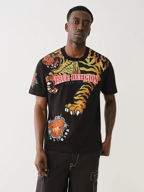 Custom black trendy brand tee shirt roaring tiger stripes printing