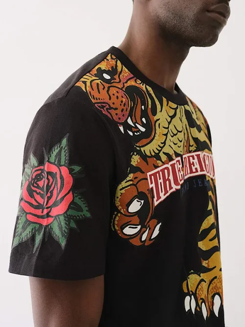 Custom black trendy brand tee shirt roaring tiger stripes printing - Image 3