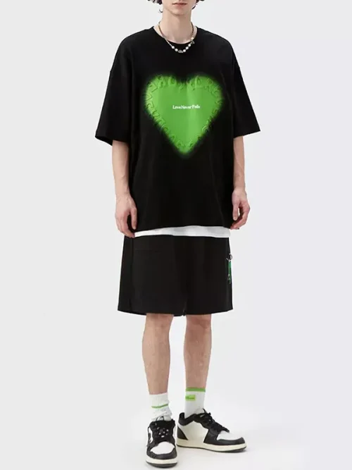 Cotton loose black short-sleeved tee shirt custom dimensional printing
