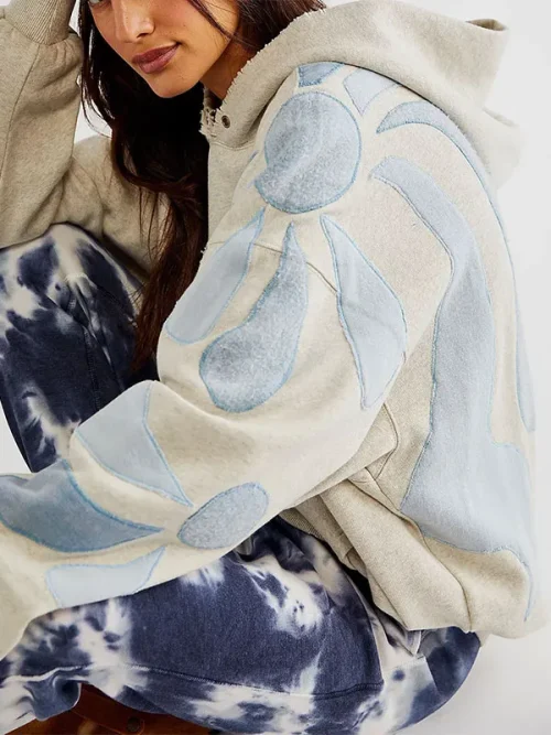 Custom pplique embroidery fashion loose white hoodie - Image 3