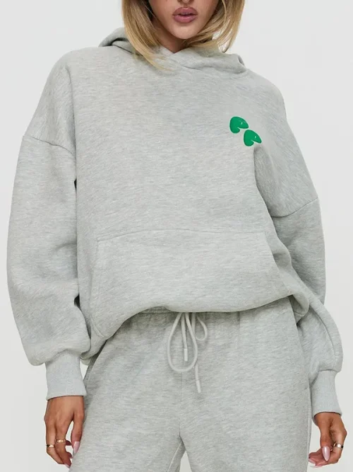 Custom green heart printed unisex fitting light grey loose hoodies