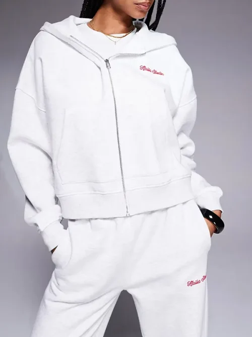 Custom logo print light grey stand collar zip-up hoodie