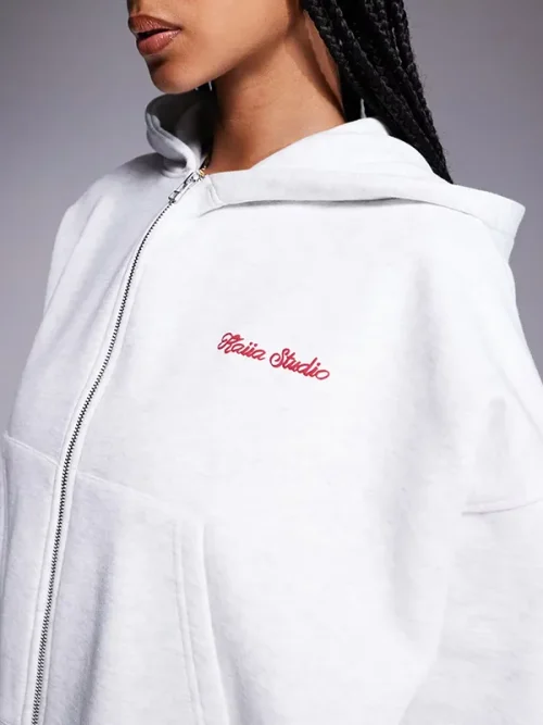 Custom logo print light grey stand collar zip-up hoodie - Image 3